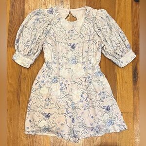 Express Floral Linen Blend Puff Shoulder Tie Waist Playsuit Romper